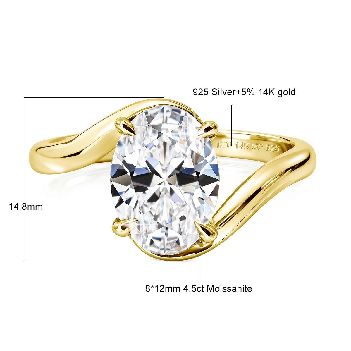 4.5ct Oval Cut Moissanite Solitaire Ring 14K Gold Filled Bypass Twist Shank Band D VVS1 Engagement Ring for Women Wedding Gift