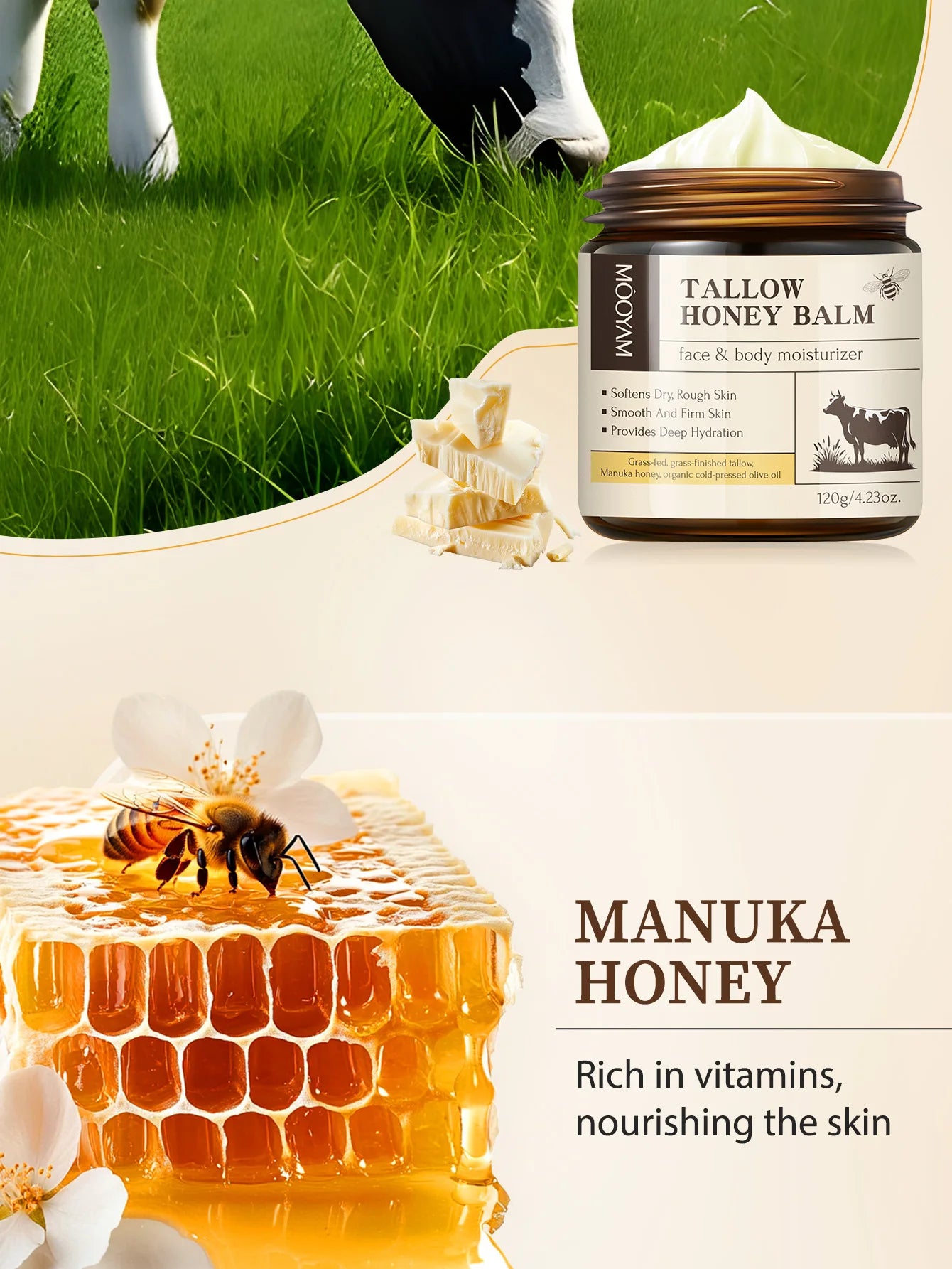 120g Beef Tallow Paste Deeply Moisturizer Brightening Wrinkle Remover Grass Fed Tallow Wild Honey Face Body Cream Skin Car