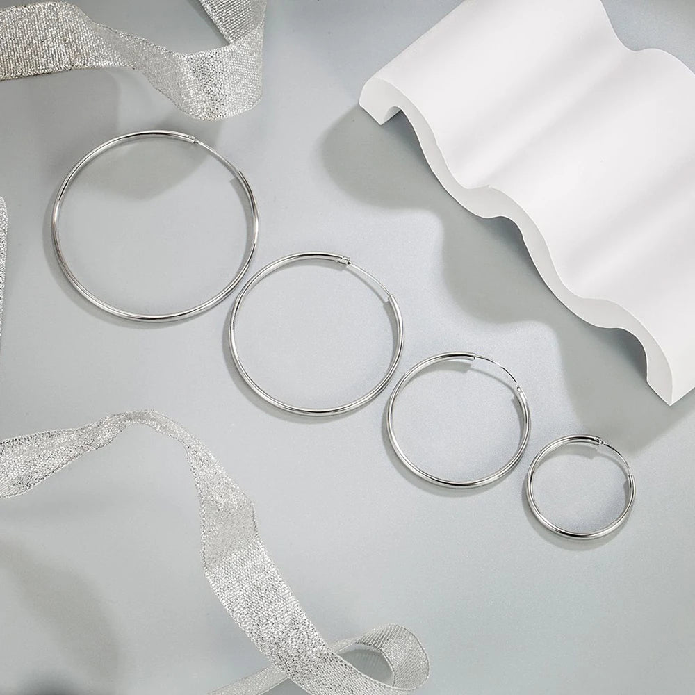 Real 925 Sterling Silver Women's New Jewelry Fashion Round Hoop Earrings FQL23634