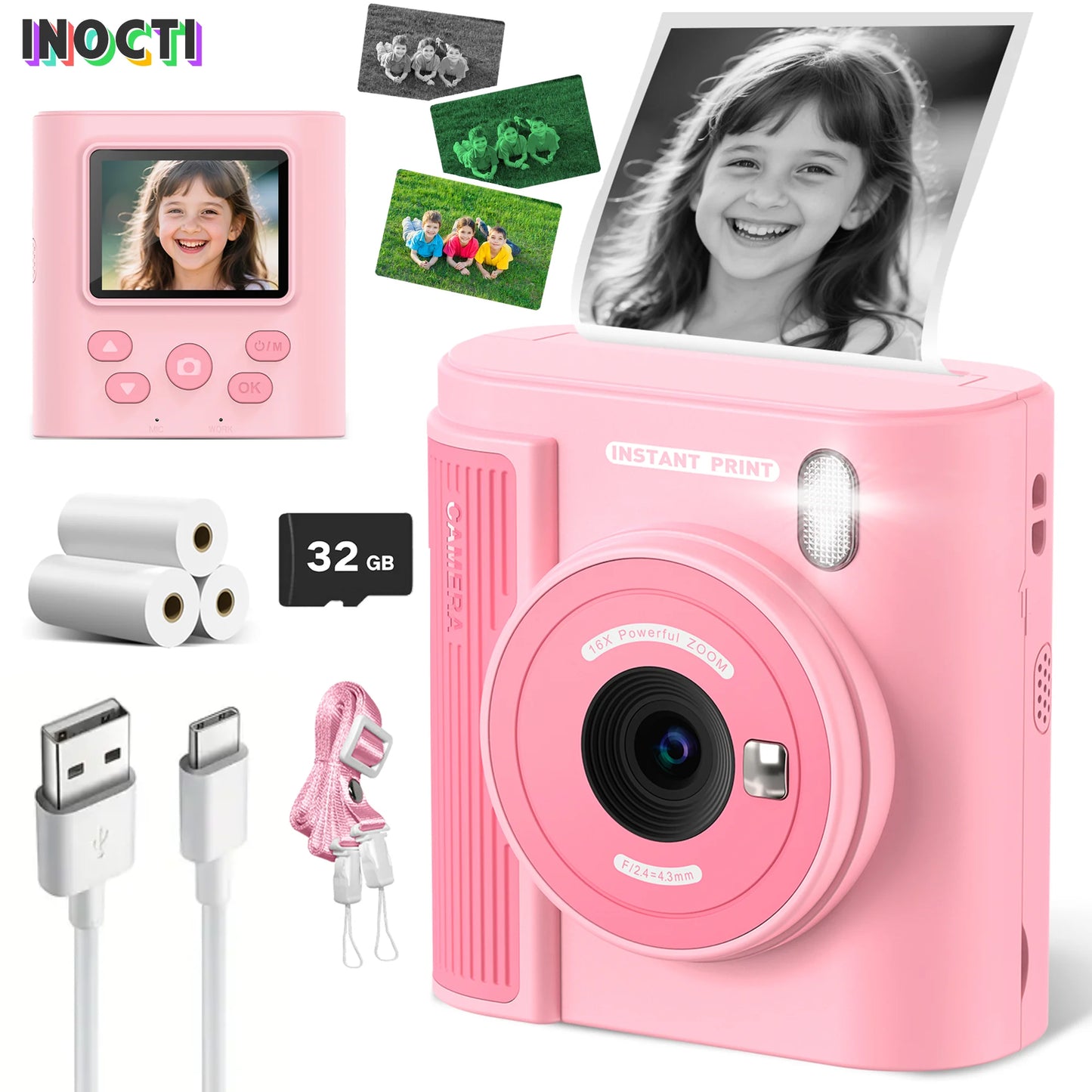 INOCTI Kids Print Camera, Toddler Digital Camera, Three printing paper&32G Card, for Girls Boys Christmas Birthday Gifts