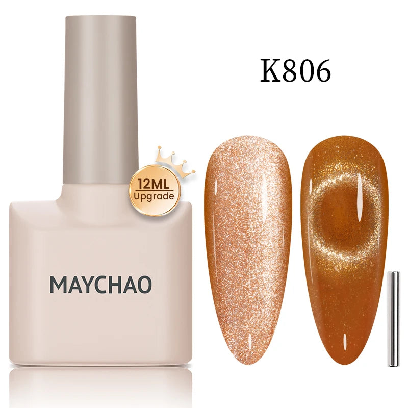 MAYCHAO 12ML Cat Eye Gel Nail Glitter With Magnet Soak off UV Holographic Magnetic Rainbow Gel Polish for Nail Art DIY Manicure