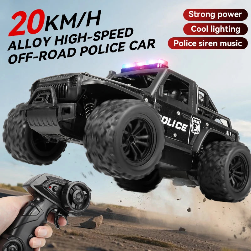 1:16 Alloy High Speed Off-Road Police Truck RC Car with Music Sound and LED Lights Outdoor Toy 2.4G Remote Control Cars
