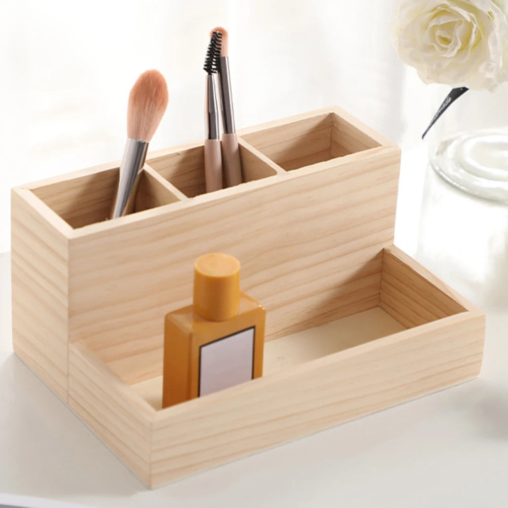 Wooden Makeup Organizer Desktop Storage Box Multi-Grid Cosmetics Storage Holder Stationery Organizer for Home Office Bedroom