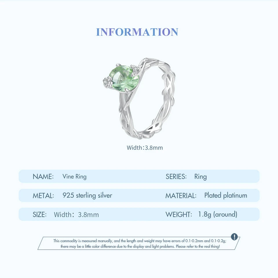Bamoer Vine Ring for Women Solid 925 Sterling Silver Green Round Gemstone Ring for Wedding Engagement Jewelry BSR466