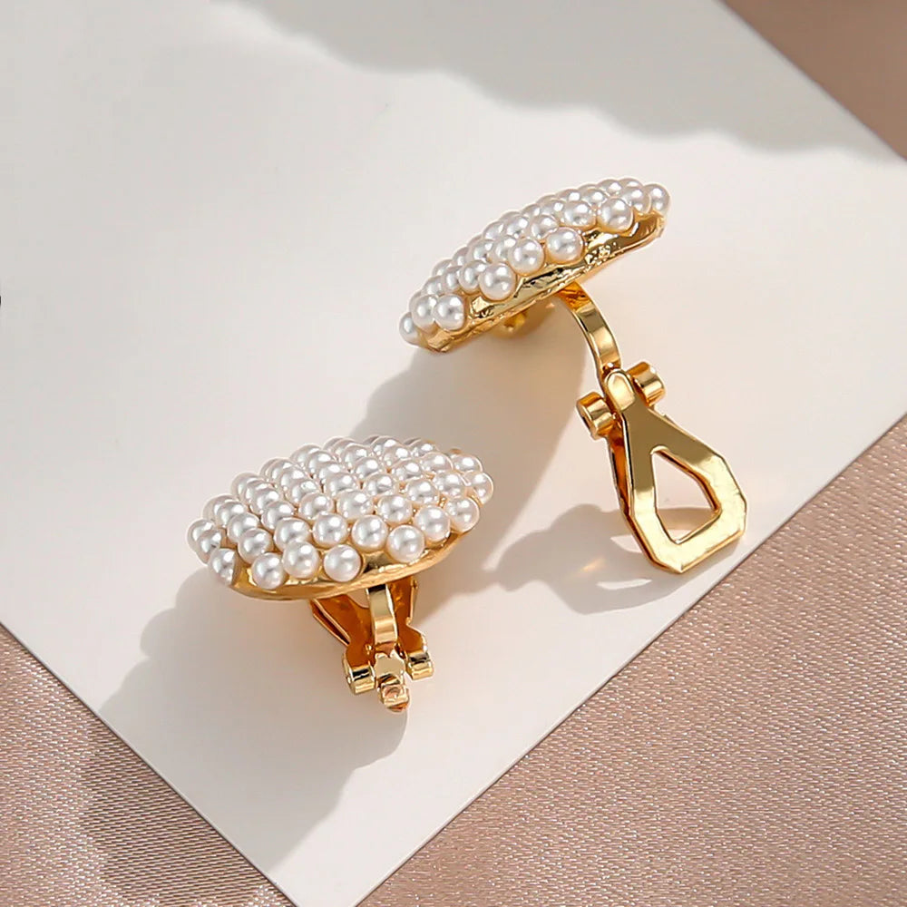 Non Pierced Simulated Pearl Geometric Round Clip On Earrings Wedding Party Gift Jewelry Ear Cuff Earring Aretes Mujer