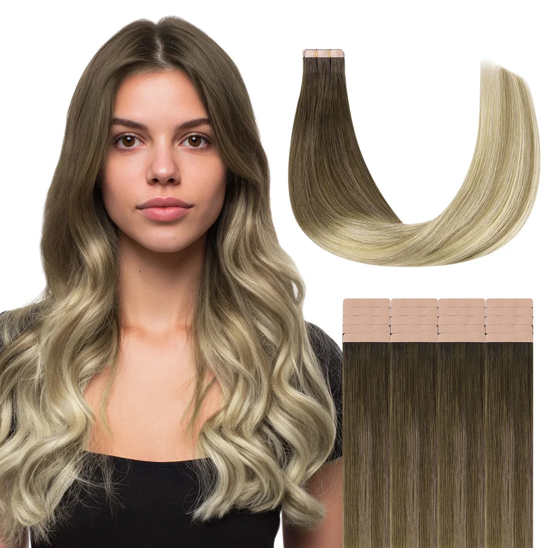 Sunmofavo Tape In Remy Human Hair Extensions 20PCS Seamless Skin Weft Reusable Full Head Fashion Easy Install Daily Hair