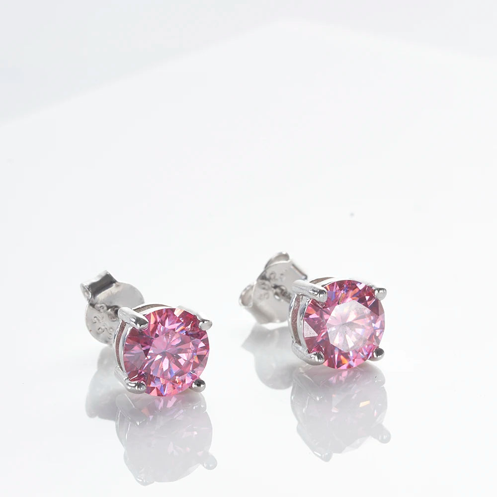 925 Sterling Silver Stud Earrings Round Brilliant Cut VVS1 White/Pink/Yellow Moissanite Test Passed Diamond for Women  Gift