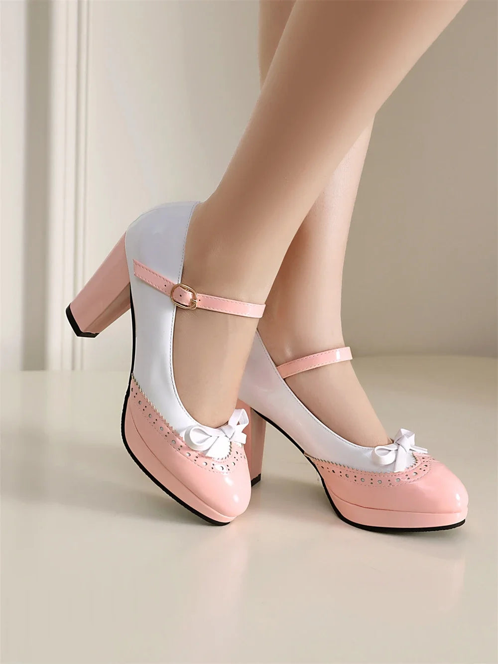 Women Shoes Sweet Candy Color Patent Leather Mary Jane Chunky Heel Ankle Strap Pumps Party Cosplay Uniform Paty Wedding Dress