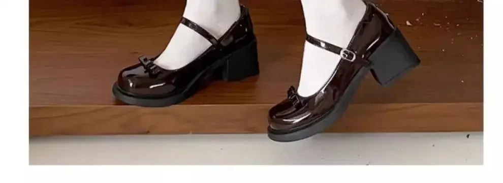 Retro Mary Jane Shoes Women's Chunky Heel Butterfly Knot Japanese JK Style Brown Buckle Strap Simple Design Summer Shoes