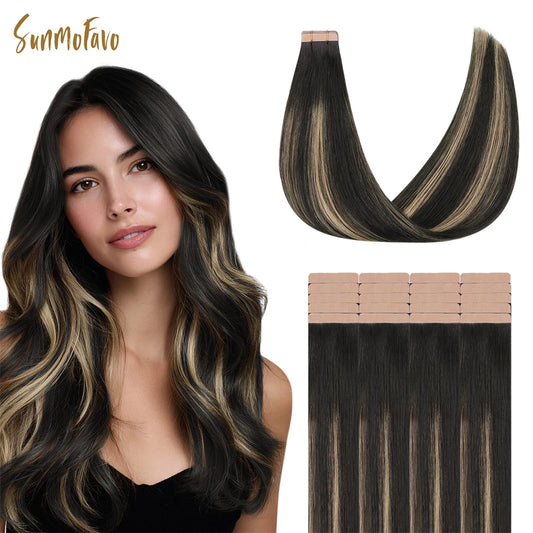 Sunmofavo Tape In Remy Human Hair Extensions 20PCS Seamless Skin Weft Reusable Full Head Fashion Easy Install Daily Hair