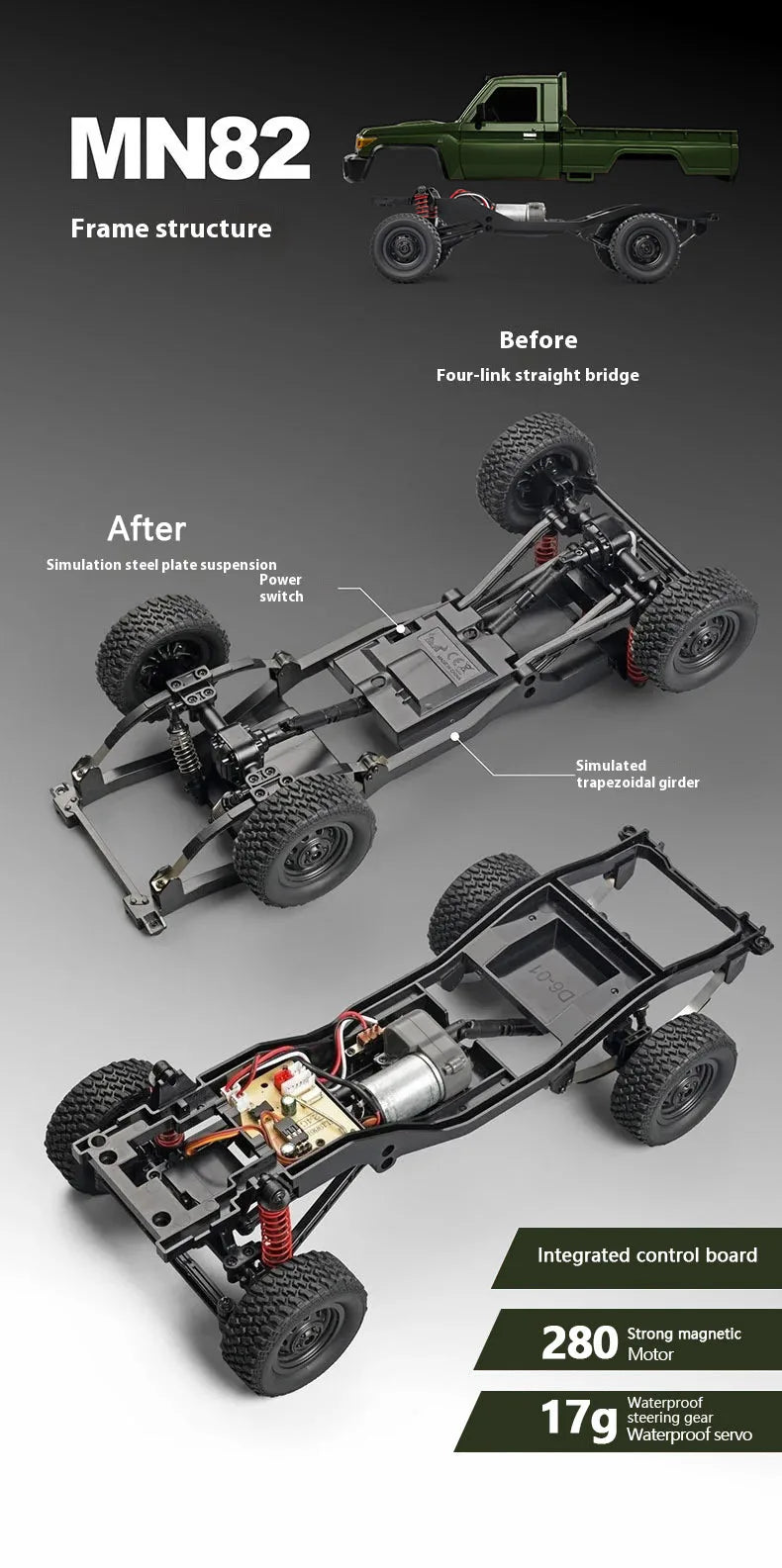 MN82 Green Color 4WD Off-road Rc Car LC79 1:12 280 Brushed Motor Simulation Professional 2.4G Remote Control Pickup Truck Model