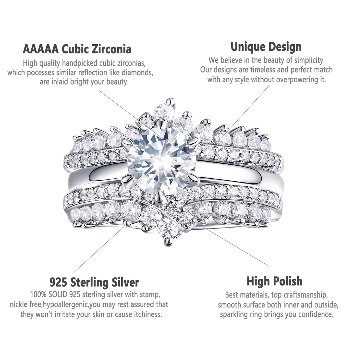 Newshe 925 Silver Bridal Set Original Wedding Rings for Women 1.8Ct Round Cut Zircon Moissanite Engagement Ring Enhancer Band