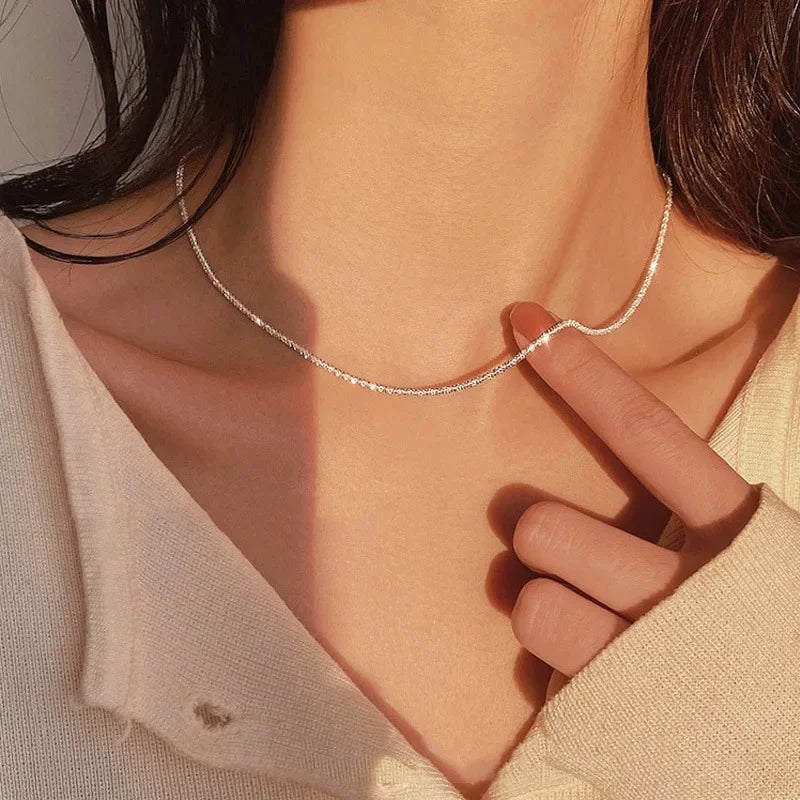 S925 Sterling Silver Necklace 2mm Sparkling Collarbone, Sweater Chain, High Charm Jewelry Gift Women