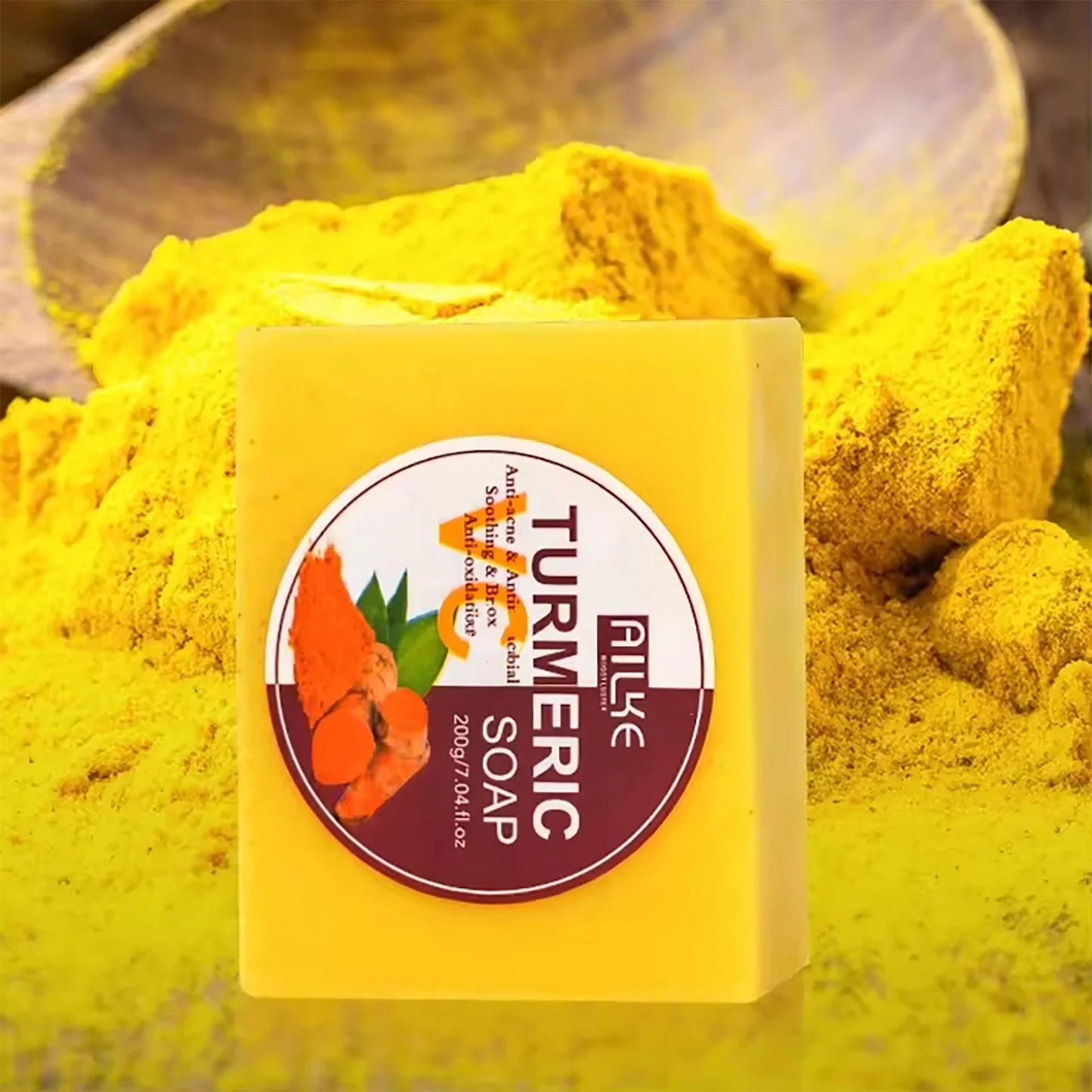 AILKE Natural Turmeric Soap Bar, Brighten, Remove Darkness, Acne, Pimples, Cleaning, Exfoliates, Uneven Skin Tone, 200g