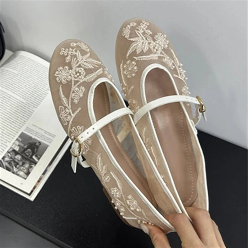 Aneikeh Elegant Ballet Dance Embroidered Flower Mesh Fabric Flat Heels Women Sandals Round Toe Buckle Strap Casual Mule Shoes