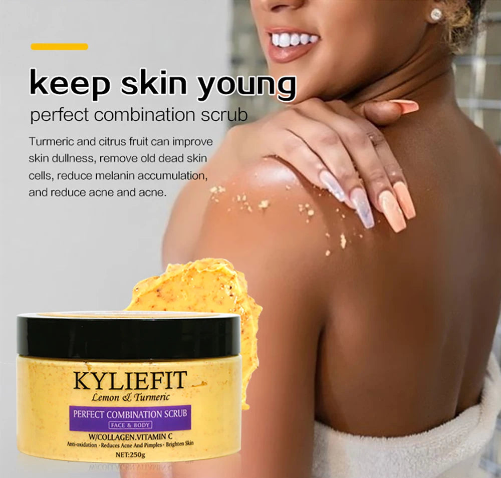 KYLIEFIT Natural Exfoliating Salt Body and Face Scrub, Lightening, Moisturizing, Remove Dark Spots, Acne, Stains, Wrinkles, 250g