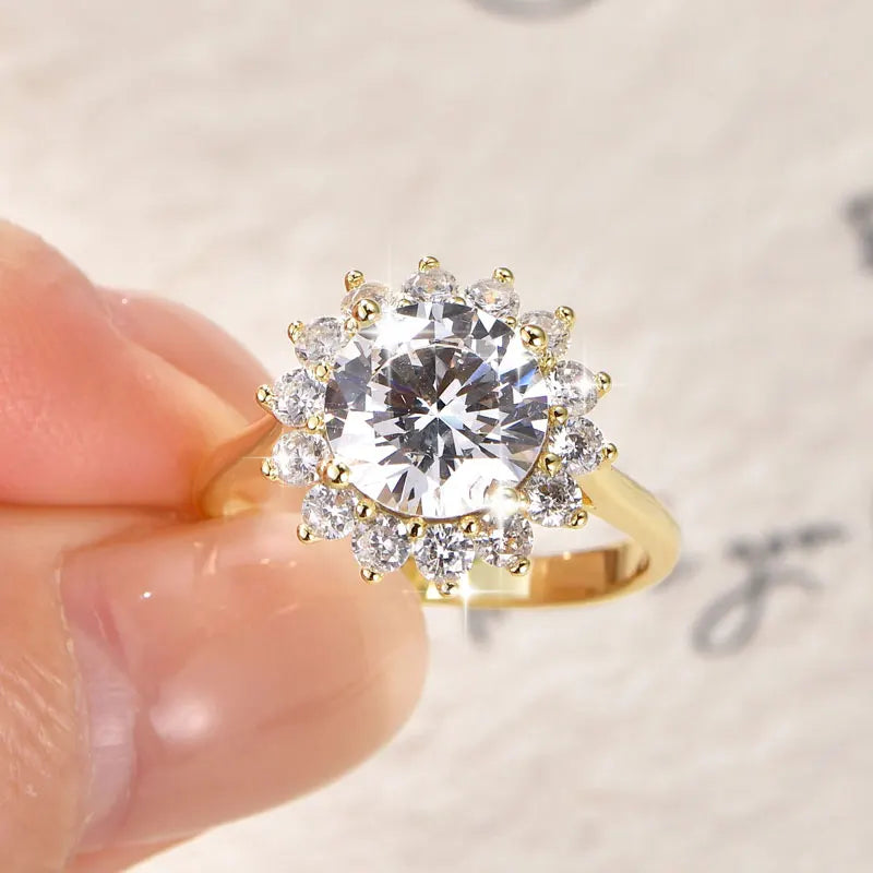 Rrjzz 9MM CZ Lab Diamond Sunshine Flower Ring 5A Cubic Zirconia Sunflower Ring for Women Valentine's Day Birthday Jewelry Gifts