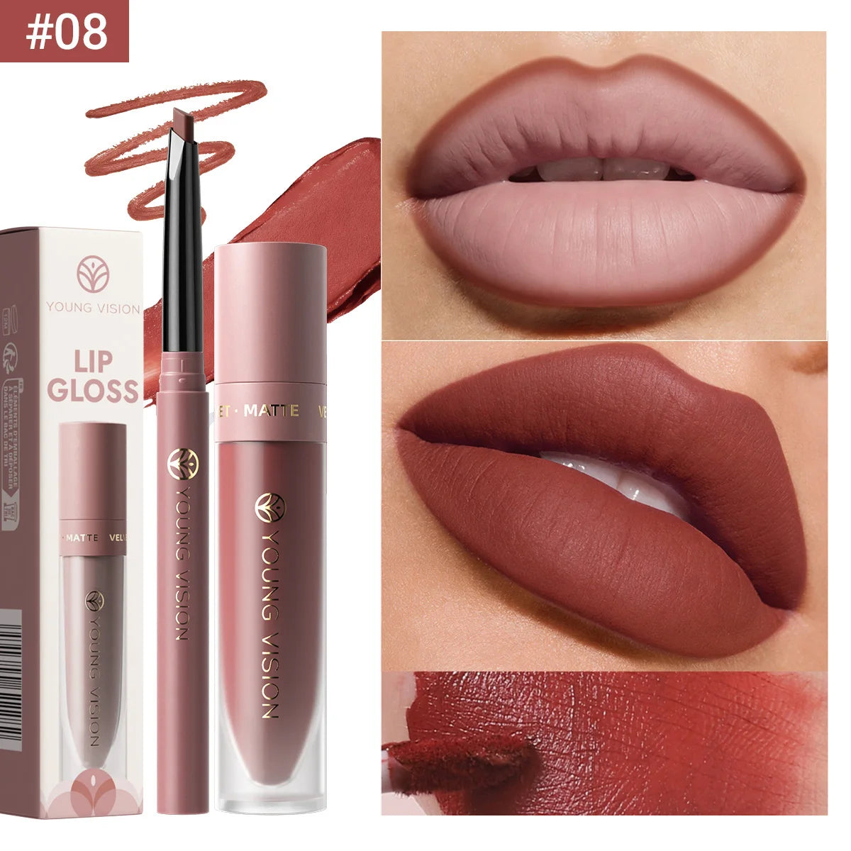 2Pcs Lip Gloss and Lip Liner Set, Matte Finish Non-Stick Cup Long-Lasting Lip Color and Liner Combo, Perfect for Defined Lips