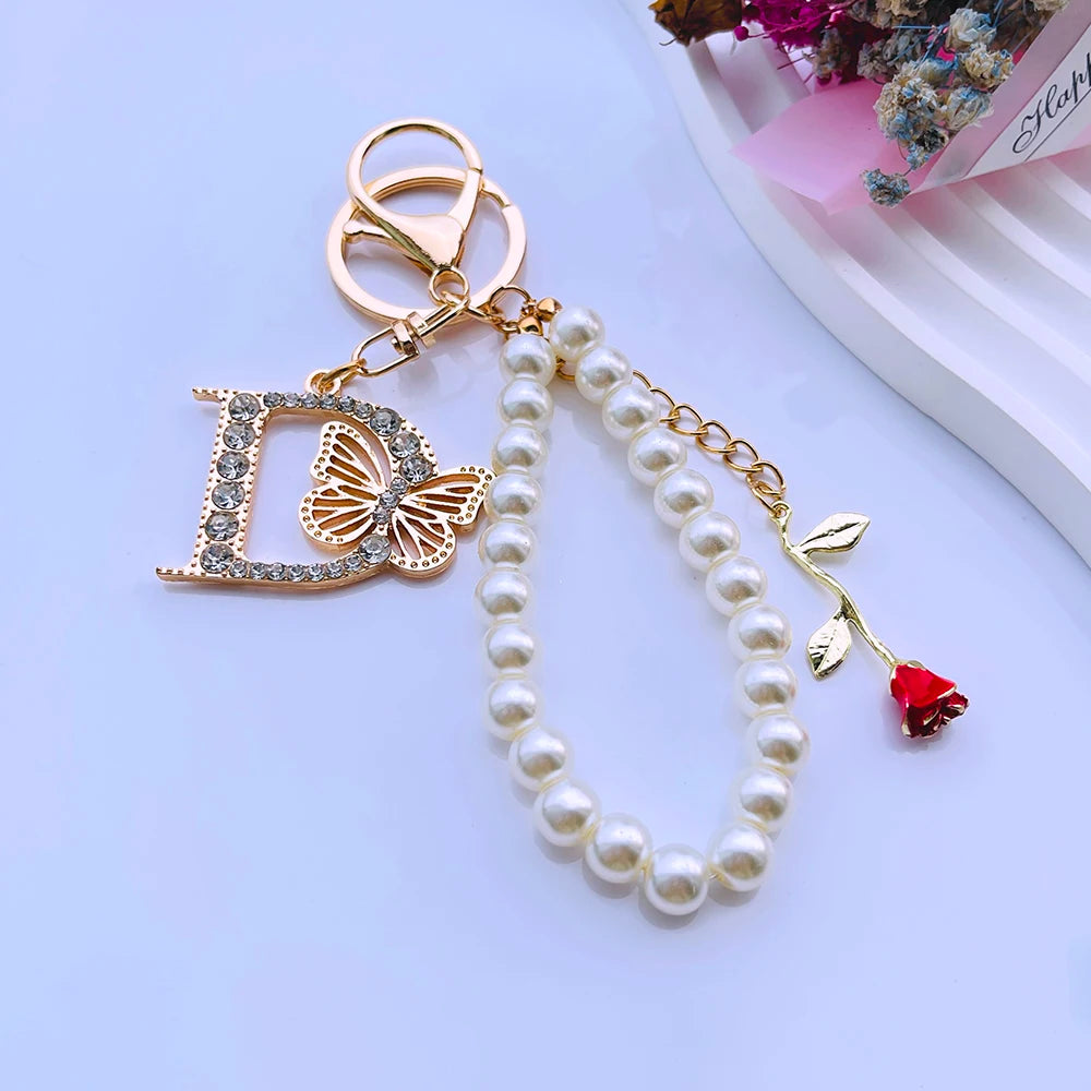 Exquisite Initial A-Z 26 Butterfly Capital Letters Red Rose Keyring Crystal Resin Pearl Beaded Keychain Bag Pendant Women Gift