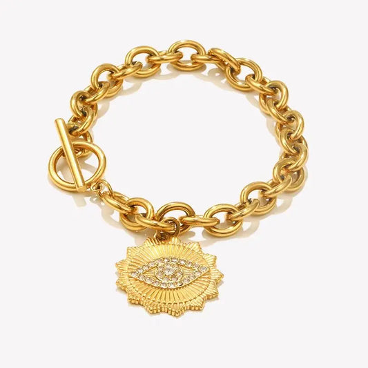 E.B.belle Stainless Steel Exaggerated OT Buckle Round Eye Pendant Bracelet 18K Gold Plated Women Girls Statement Jewelry