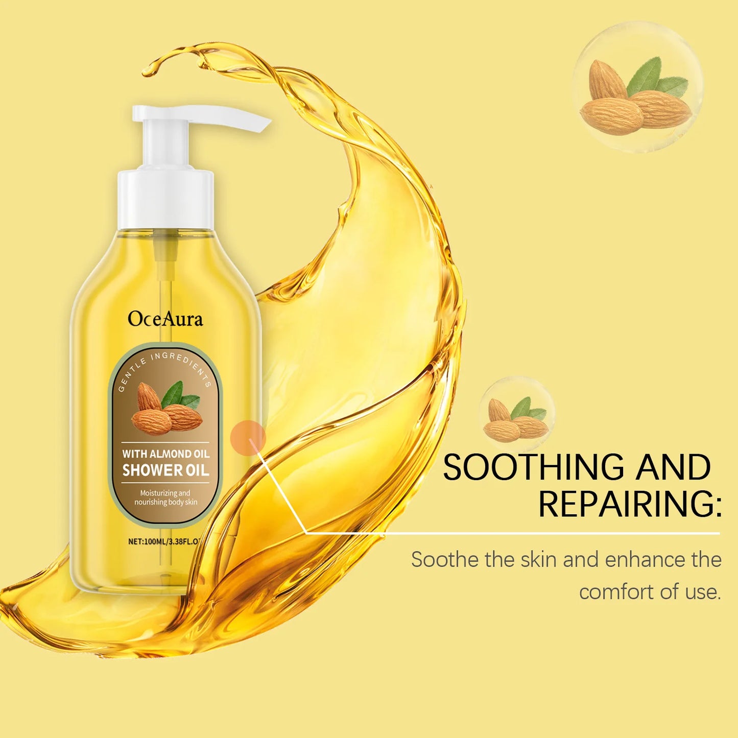 OceAura Shower Oil Sweet Almond Oil Body Cleaning Smooth Skin Barrier Repair Deep Hydration Improve Dryness Coconut Oil Bath Oil