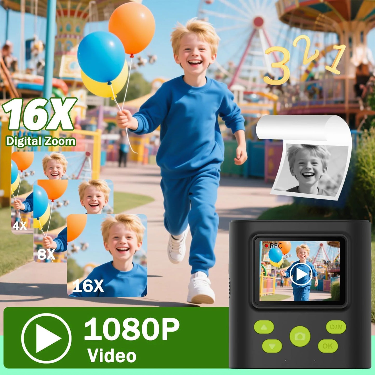 INOCTI Kids Print Camera, Toddler Digital Camera, Three printing paper&32G Card, for Girls Boys Christmas Birthday Gifts