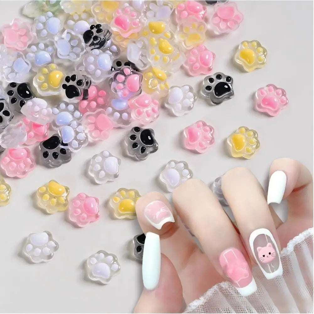50Pcs 3D Luminous Cat's Paw Nail Charms Cute Resin Cat Paws Y2K Nail Art Decorations DIY Hair Clip Crafts