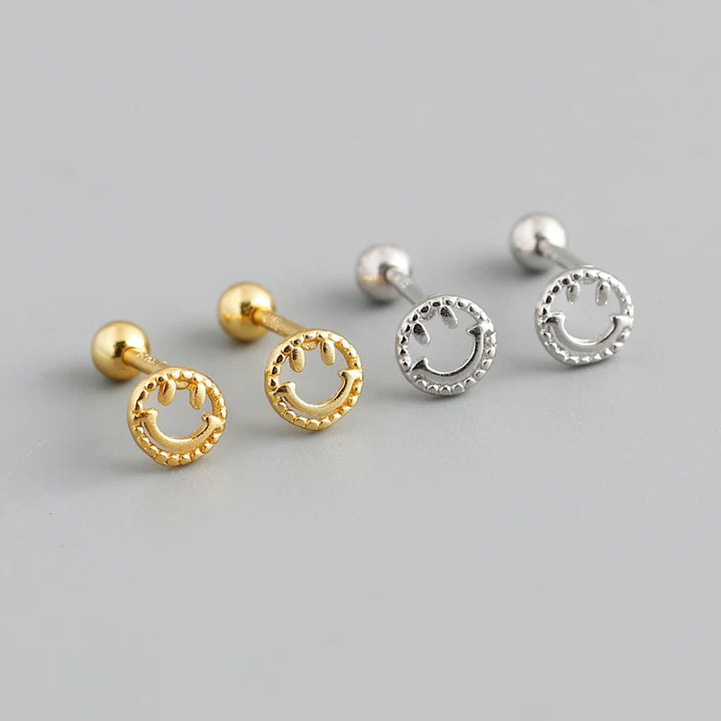 WANTME 925 Sterling Silver Fashion Cute Lucky Smile Screw Bead Piercing Stud Earrings for Women Classic Simple Ear Bone Jewelry