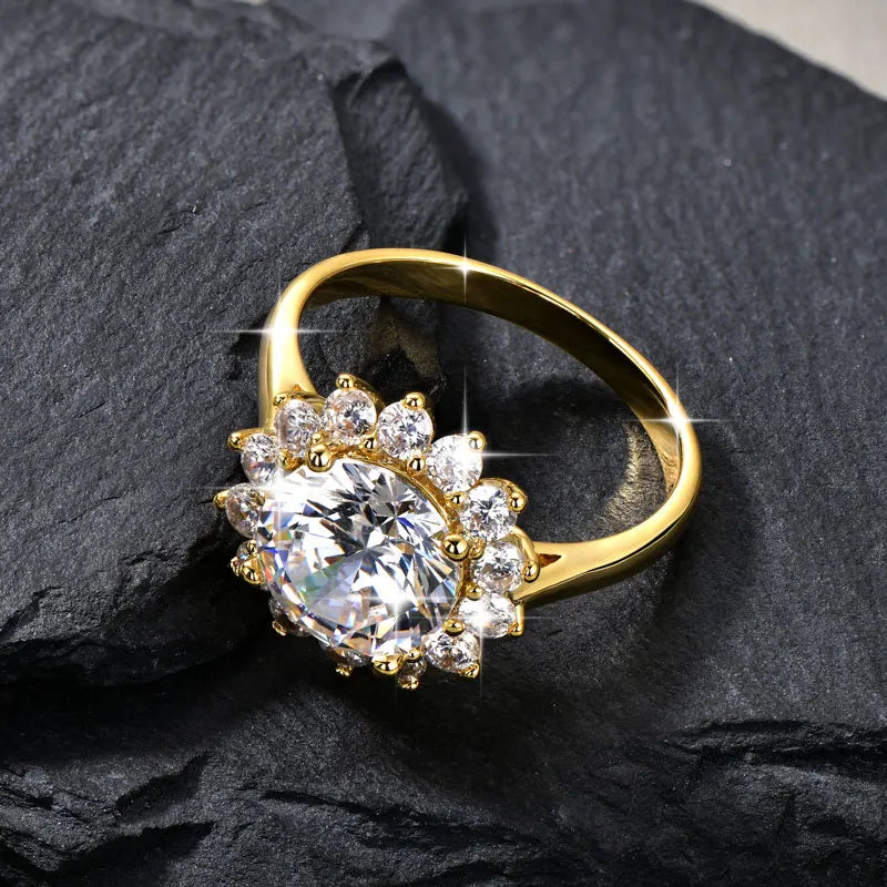Rrjzz 9MM CZ Lab Diamond Sunshine Flower Ring 5A Cubic Zirconia Sunflower Ring for Women Valentine's Day Birthday Jewelry Gifts