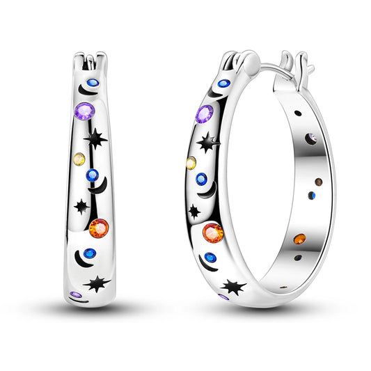 Original 925 Sterling Silver Hoop Earrings Brilliant Starry Sky Earrings For Women Fine Engagement Wedding Birthday Jewelry Gift