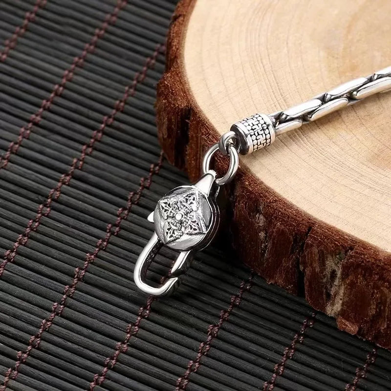 Simplicity Vintage S925 Sterling Silver Bracelet Snake Bone Chain Sculpture Petal Vajra Buckle Bracelet Jewelry Gift