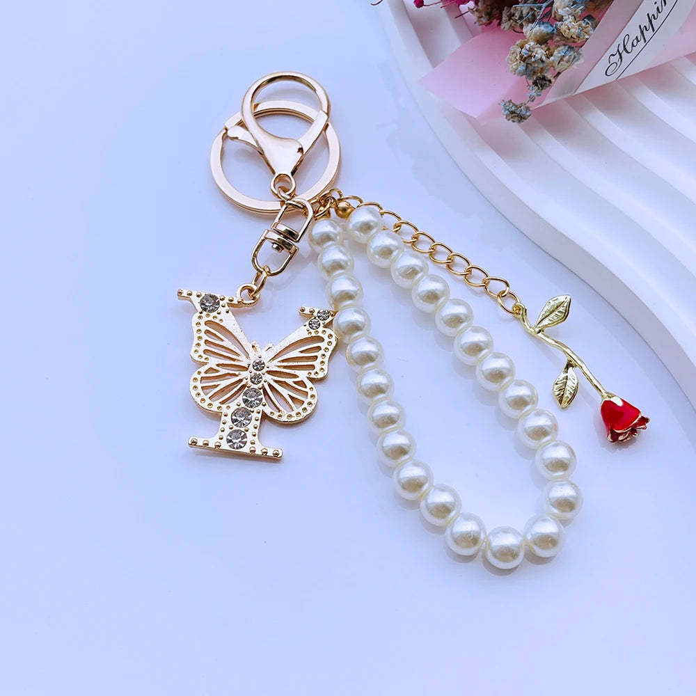 Exquisite Initial A-Z 26 Butterfly Capital Letters Red Rose Keyring Crystal Resin Pearl Beaded Keychain Bag Pendant Women Gift