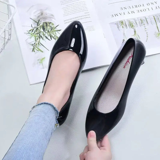 Women's New Pointed Toe Block Heel Rain Shoes Shallow Slip On Injection Molding Waterproof Work Shoes Lighweight Nude Shoes