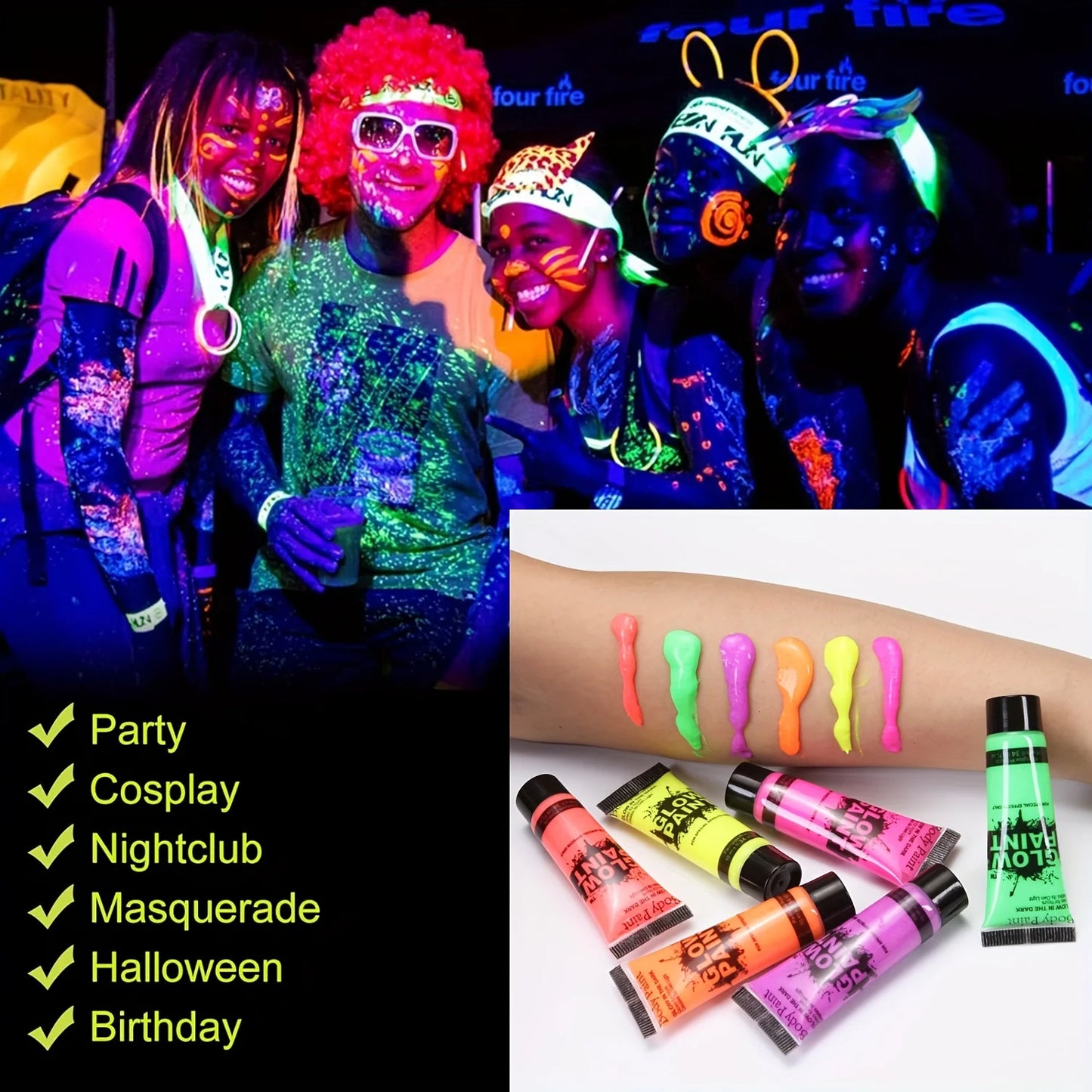 6PCS 25ml Fluorescent Paint Glow In The Dark Light Body Paint Face Painting for Party Halloween Event Makeup Club Makeup Xmas Gl
