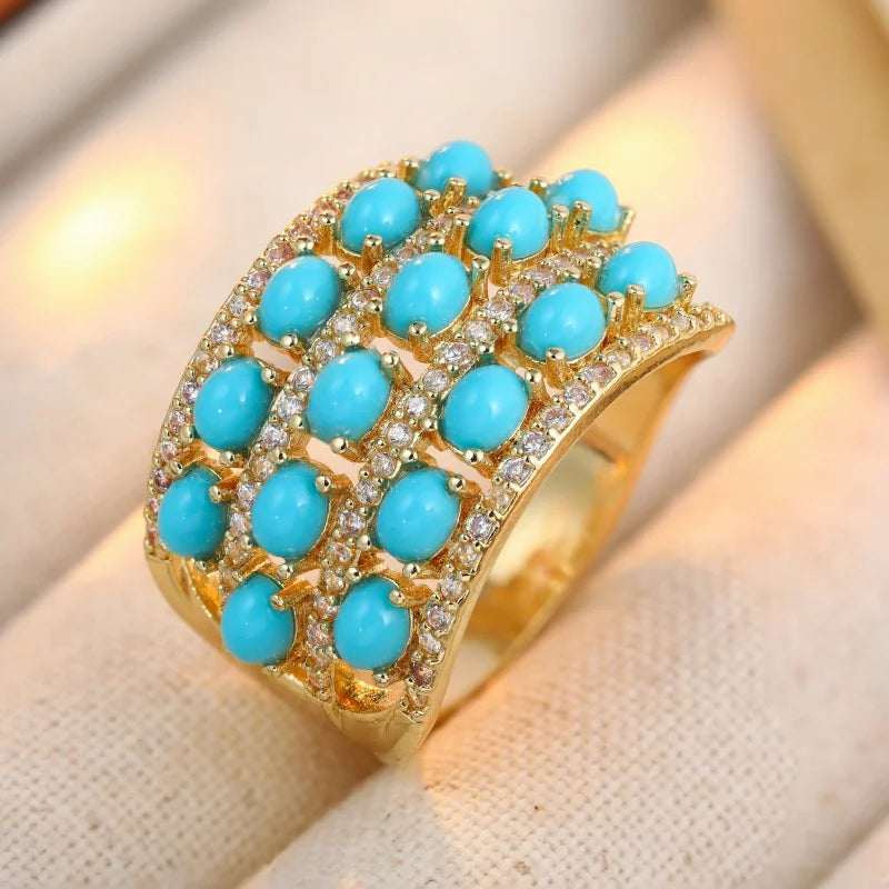 Dazzling Inlaid Imitation Turquoise White CZ Women's Ring Gold Color Geometry Daily Wear Party Jewelry Anniversary Gift