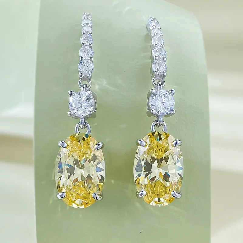 S925 Silver High Carbon Diamond Super Shiny Yellow Diamond Earrings 8 * 12 European and American Large Oval Earrings for Women