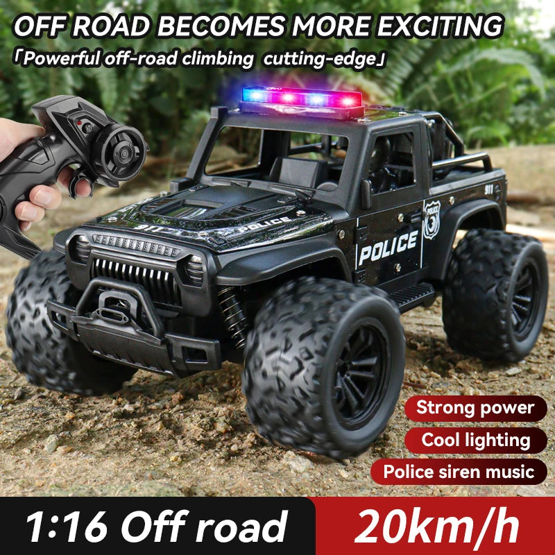 1:16 Alloy High Speed Off-Road Police Truck RC Car with Music Sound and LED Lights Outdoor Toy 2.4G Remote Control Cars