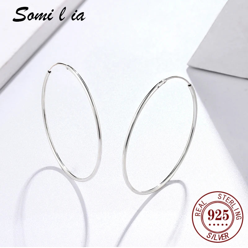 SOMILIA 925 Sterling Silver Platinum Big Hoop Earrings for Women Real Money Jewelry Female Fashion Womens Fine Earrings 10-90mm