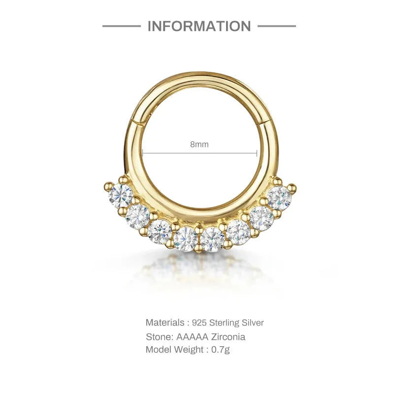 Glowshe 925 Sterling Silver Zircon Geometric Cartilage Piercing Hoop Earrings 1PCS Hip-hop Party Creative Jewelry Nose Rings