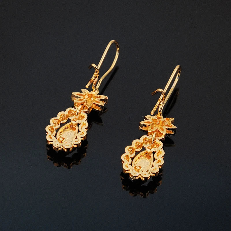 Luxury Gold Teardrop Jewelry Set Star Flower Pendant Necklace Hook Earrings 24K Gold Plated Dubai Style Bridal Wedding Jewelry