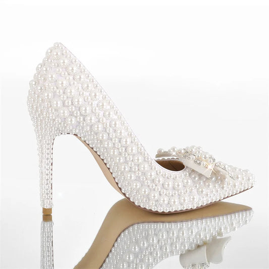 Onlymaker Women White Pointed Toe Bridal Pumps Slip-On Pearl Crystal Thin Heels Party Wedding Bride Stiletto Shoes
