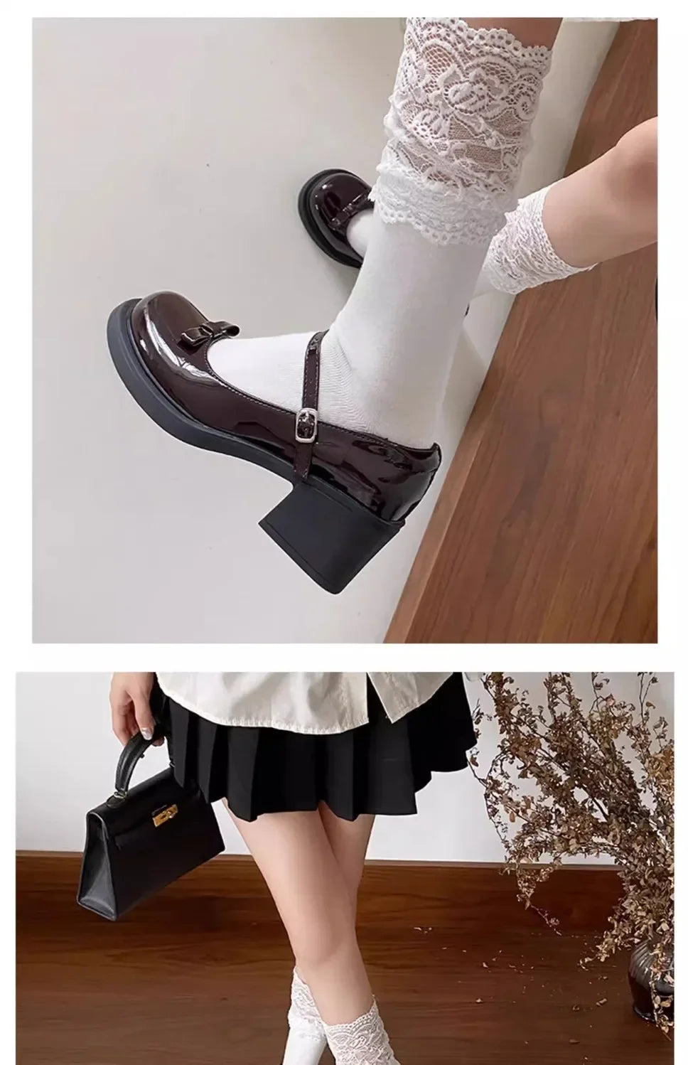 Retro Mary Jane Shoes Women's Chunky Heel Butterfly Knot Japanese JK Style Brown Buckle Strap Simple Design Summer Shoes