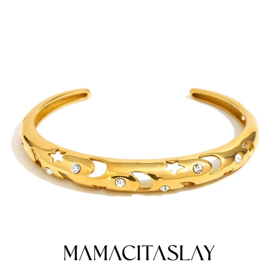 MamacitaSlay 316L Stainless Steel Star Moon Zircon Open Bracelet Party Waterproof 18K Gold Plated Jewelry Women's Charm Bracelet