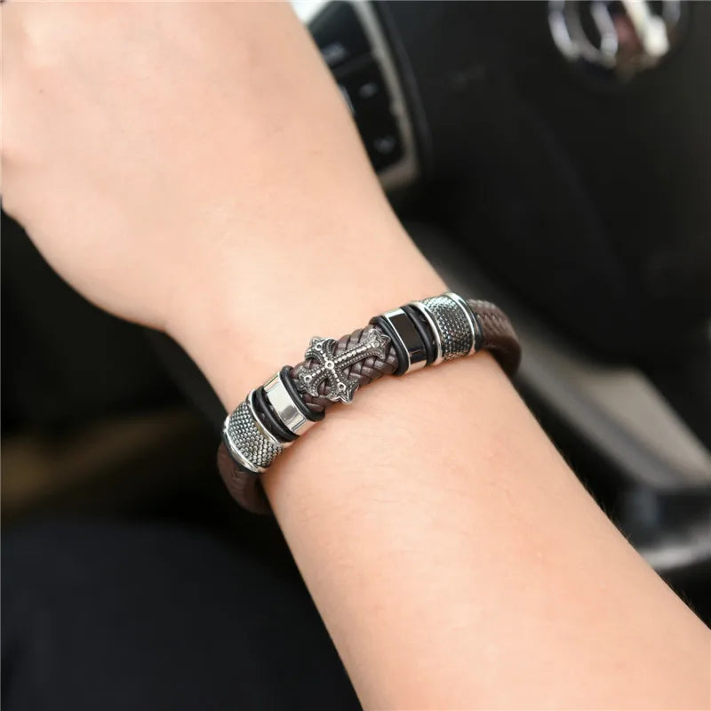 MKENDN Punk Style Stainless Steel Cross Leather Bracelet Men Charm 16 Strand Woven Leather Bracelet Magnet Clasp Boyfriend Gifts