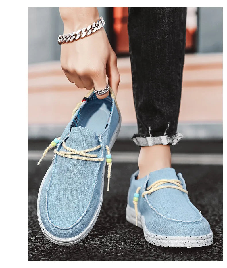 Spring Summer Blue Men's Casual Boat Shoes Lightweight Slip-on Driving Shoes Men Low-cut Breathable Canvas Men Shoes Loafers