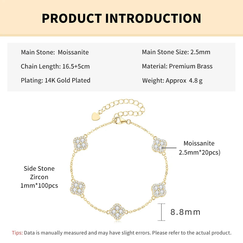 Rrjzz Clover Moissanite Women Bracelet D Color VVS1 Lab Imitation Diamond Round Cut Four Leaf Bracelet Jewelry GRA Certificated