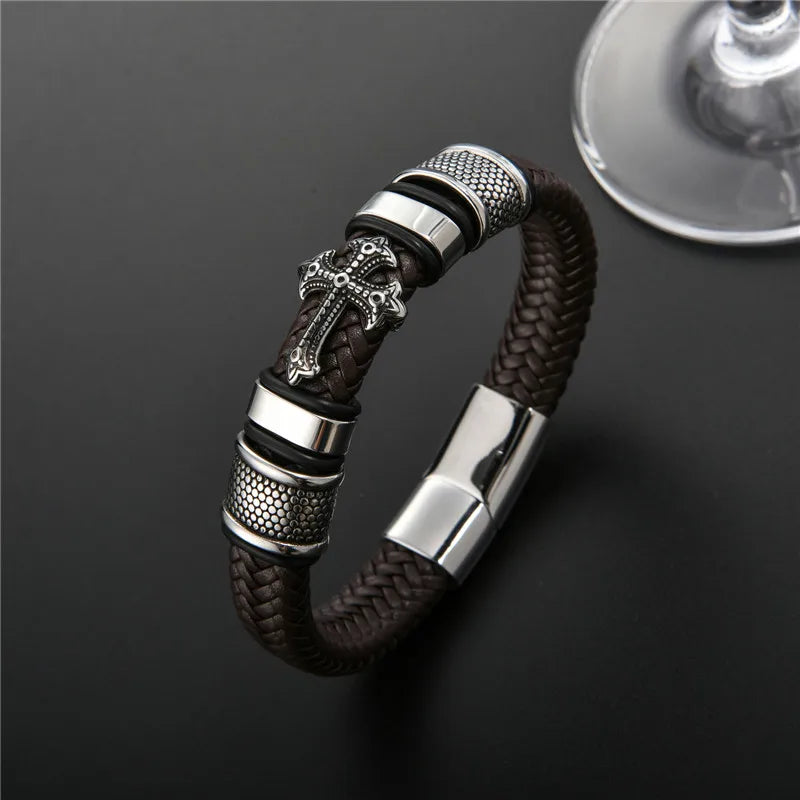 MKENDN Punk Style Stainless Steel Cross Leather Bracelet Men Charm 16 Strand Woven Leather Bracelet Magnet Clasp Boyfriend Gifts