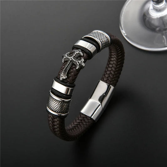 MKENDN Punk Style Stainless Steel Cross Leather Bracelet Men Charm 16 Strand Woven Leather Bracelet Magnet Clasp Boyfriend Gifts