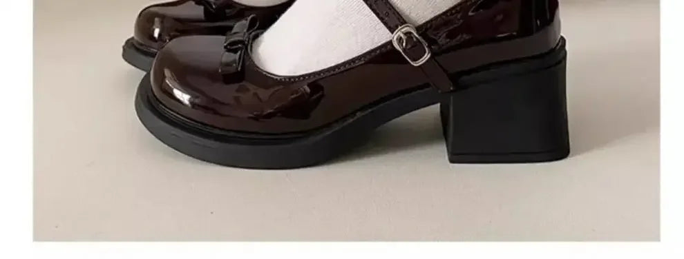Retro Mary Jane Shoes Women's Chunky Heel Butterfly Knot Japanese JK Style Brown Buckle Strap Simple Design Summer Shoes
