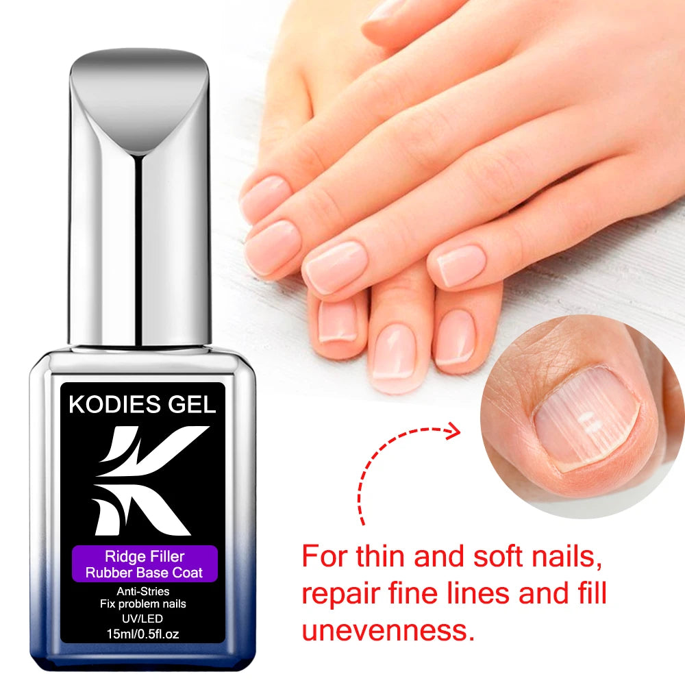 KODIES GEL Ridge Filler Rubber Base Coat Gel Nail Polish Semi Permanent UV/LED Self Leveling Nail Thickening Base Gel Varnish